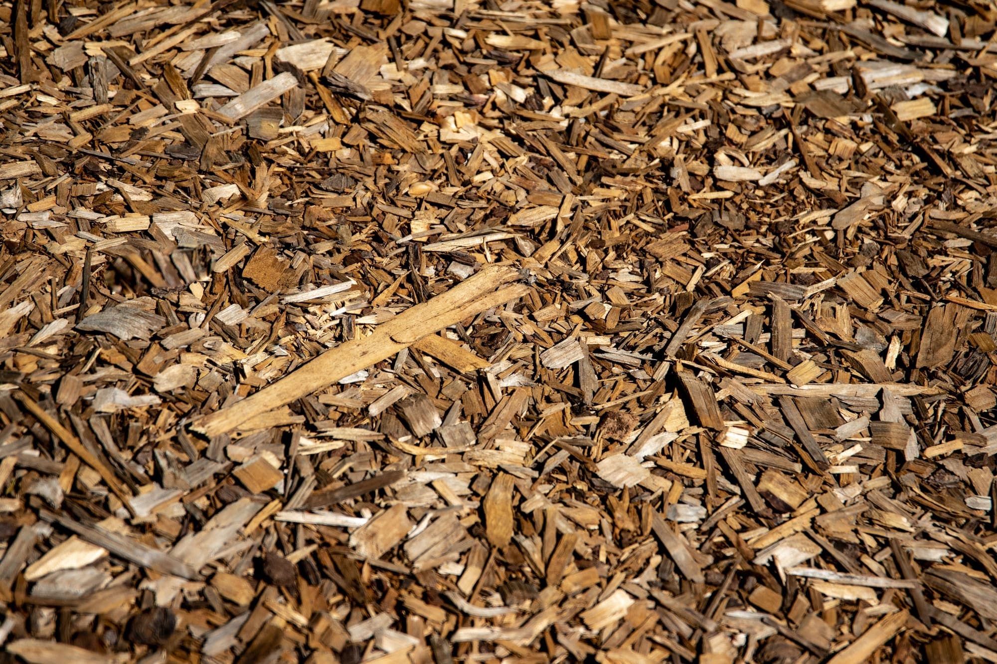Coarse bark mulch piled across a garden bed